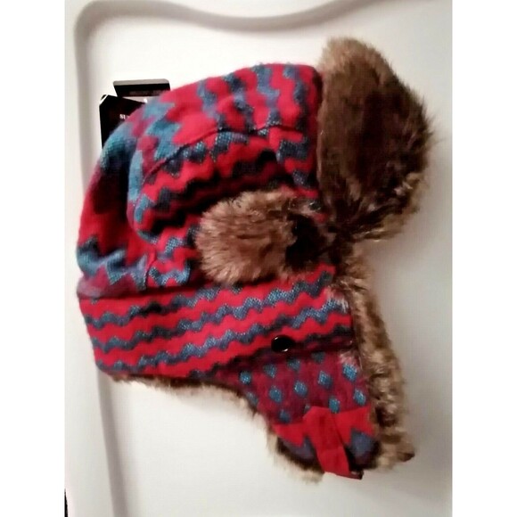 Women faux fur knit Hat Blue Red Aztec Trapper new $50 - Picture 1 of 3
